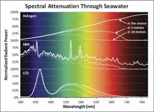 Spectral ttenuation through seawater with Halogen, HMI, and LED lights